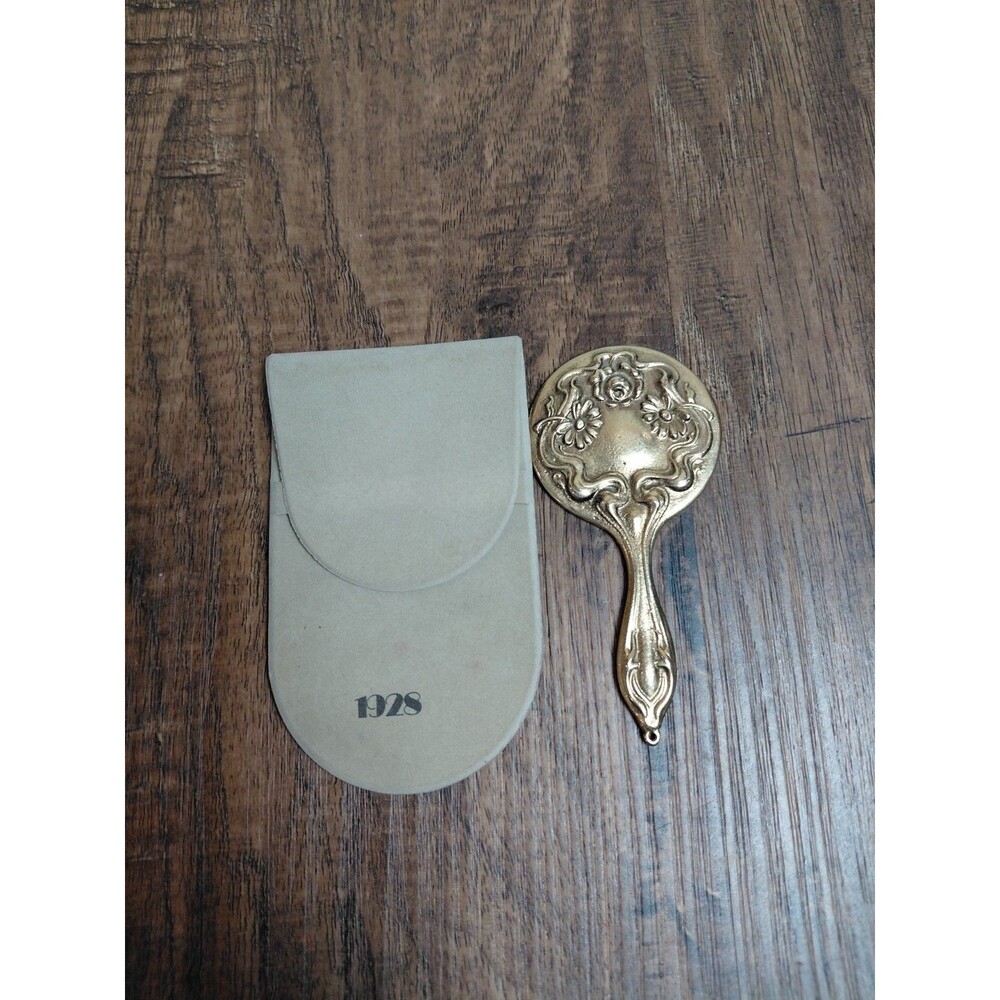 Vintage Art Nouveau Style Hand Mirror Gold Tone Floral Repousse Small Vanity